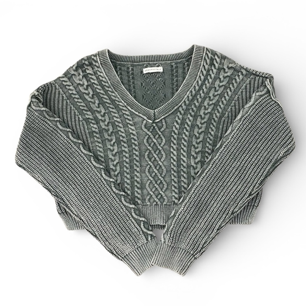 Aeropostale Slouchy Cable-Knit Cropped V-Neck Sweater Washed Green Women’s Large